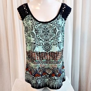 BILA Large Boho Crochet Tank Top Teal Blue Black